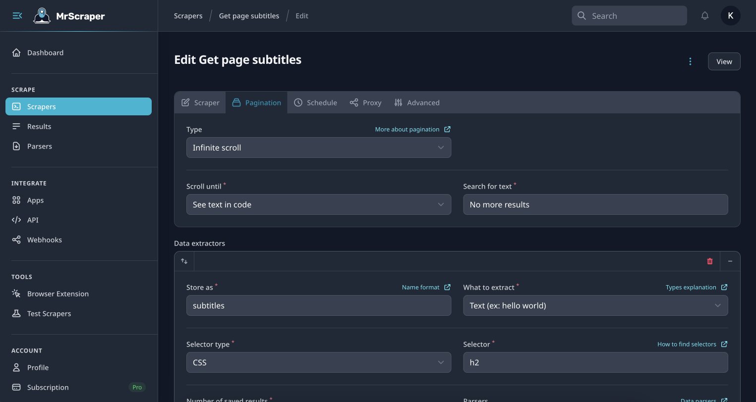 MrScraper visual dashboard
